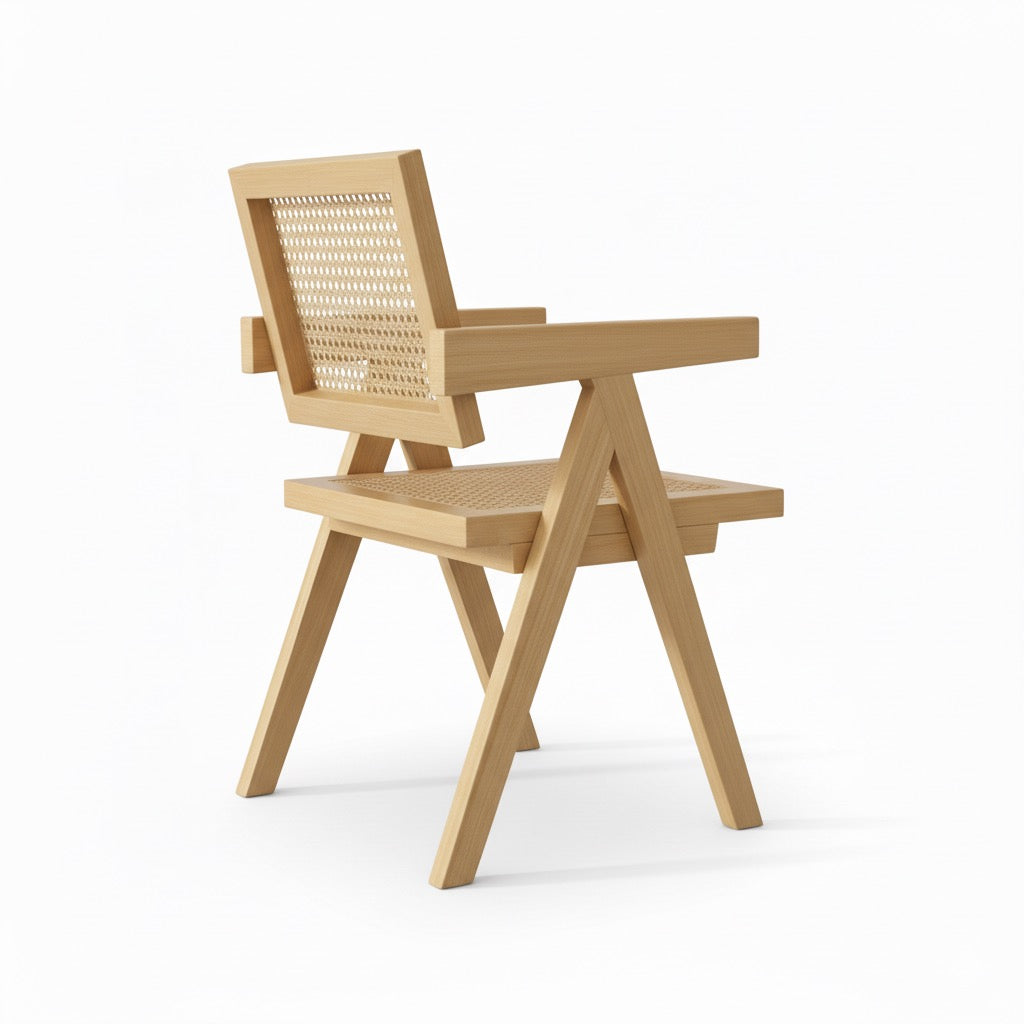 Chaise Cattani avec accoudoirs en rotin naturel et bois de frêne