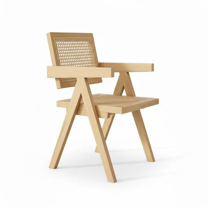 Chaise Cattani avec accoudoirs en rotin naturel et bois de frêne