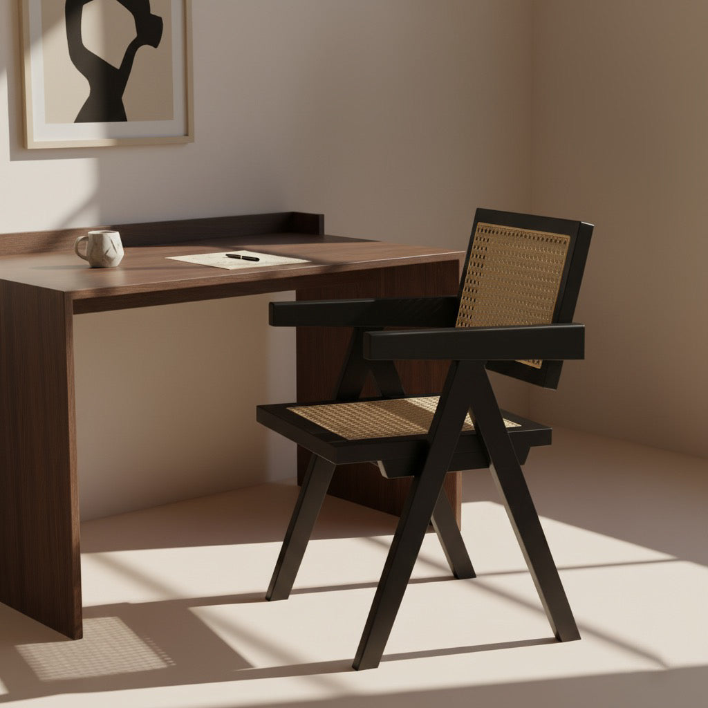 Chaise Cattani avec accoudoirs en rotin naturel et bois de frêne