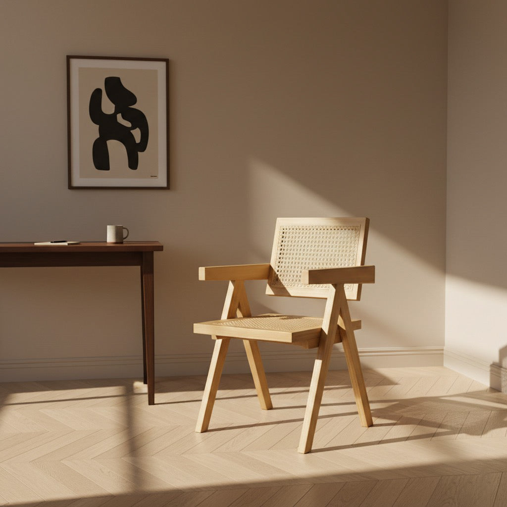 Chaise Cattani avec accoudoirs en rotin naturel et bois de frêne