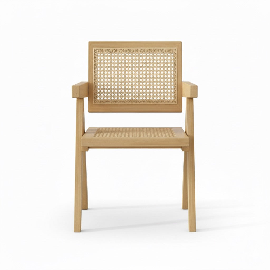 Chaise Cattani avec accoudoirs en rotin naturel et bois de frêne